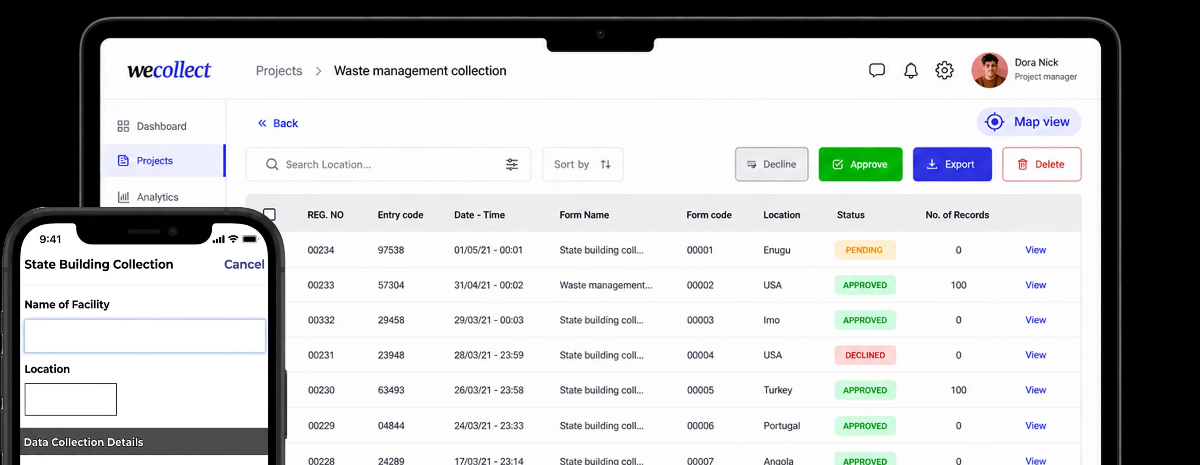Wecollect platform dashboard and mobile app